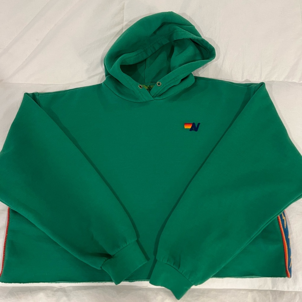 Womens Aviator Nation - Bolt Stripe Relaxed Cropped Hoodie - Small - Kelly Green